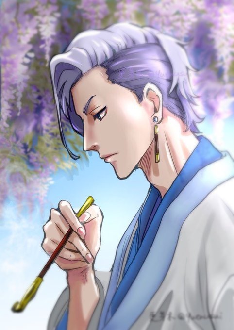1boy, blurry, character_name, day, derivative_work, earrings, flower, grey_hair