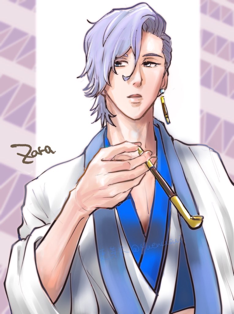 artist_name, character_name, earrings, grey_hair, hair_between_eyes, japanese_clothes, jewelry, kimono