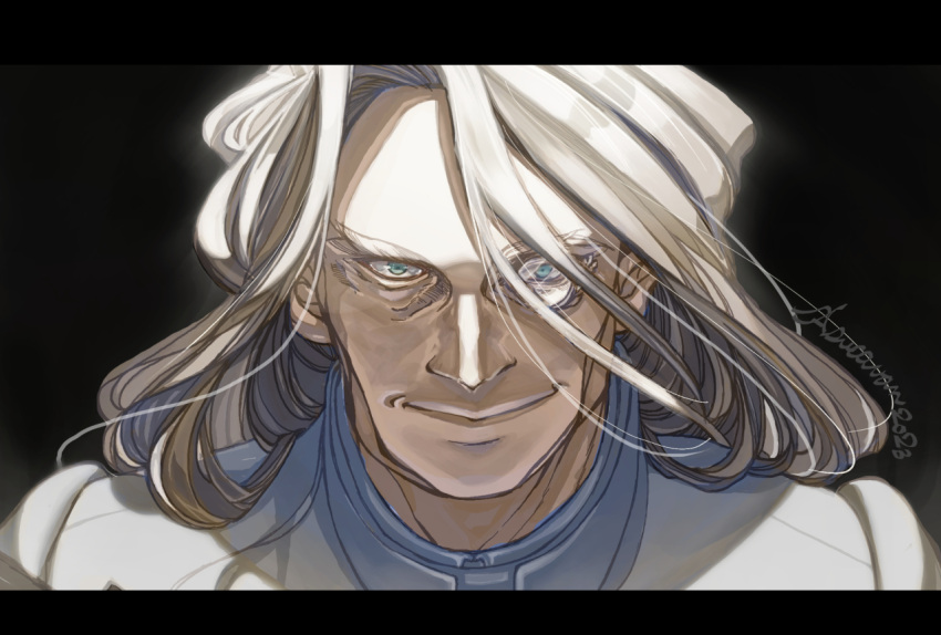 1boy, albert_marquis_de_blois, bags_under_eyes, banban_shokai, black_background, blonde_hair, blue_eyes, dated