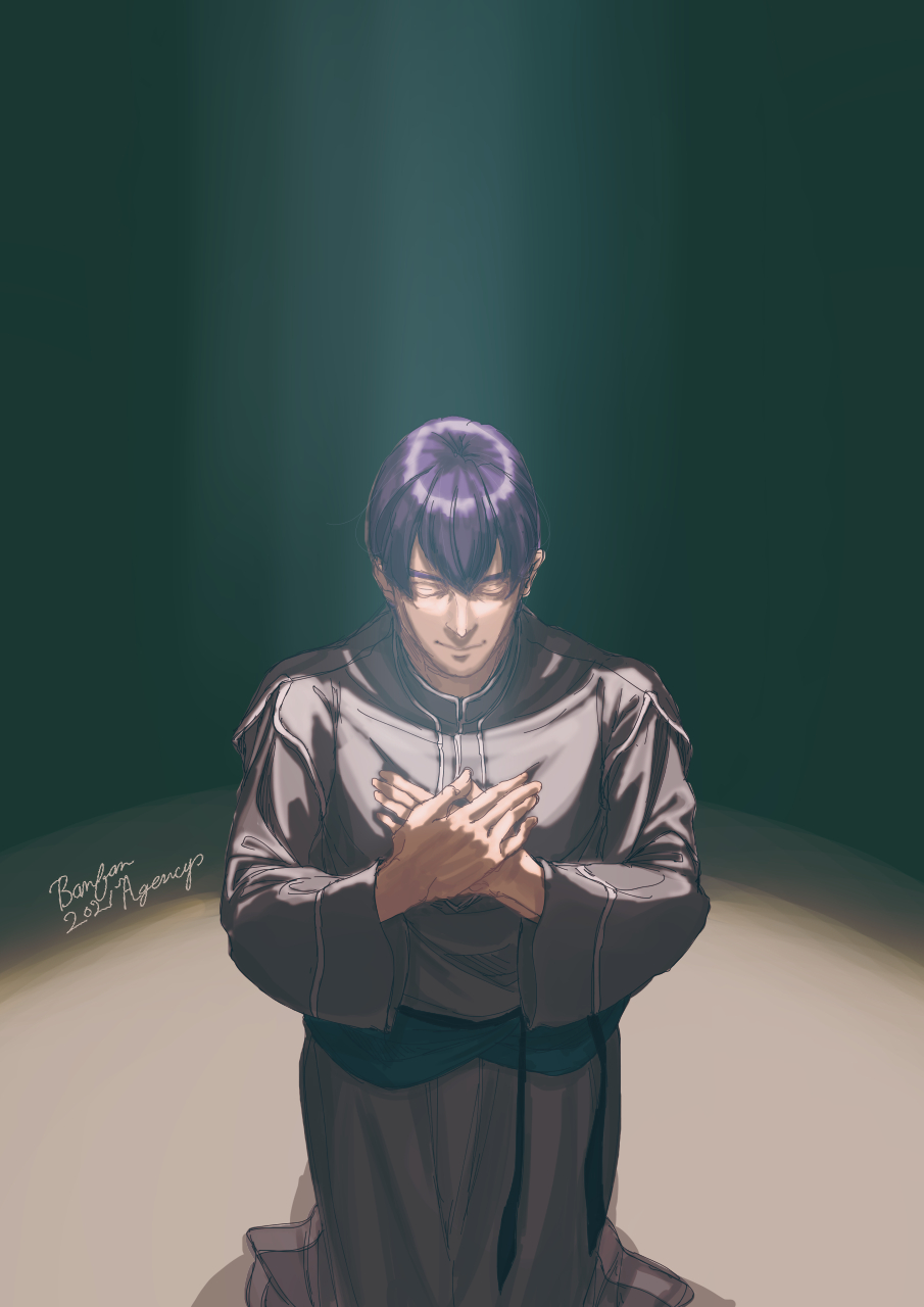1boy, artist_name, banban_shokai, closed_eyes, crossed_arms, double-parted_bangs, facing_viewer, fran_(honzuki_no_gekokujou)