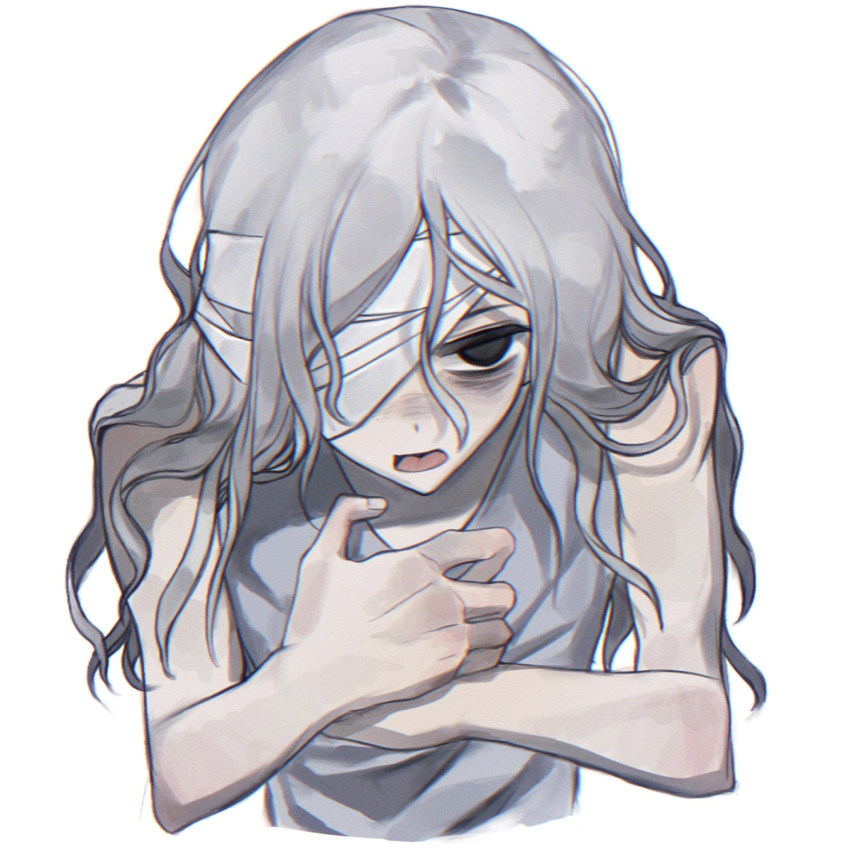 1boy, bags_under_eyes, bandage_over_one_eye, bandaged_head, bandages, bare_arms, bare_shoulders, black_eyes
