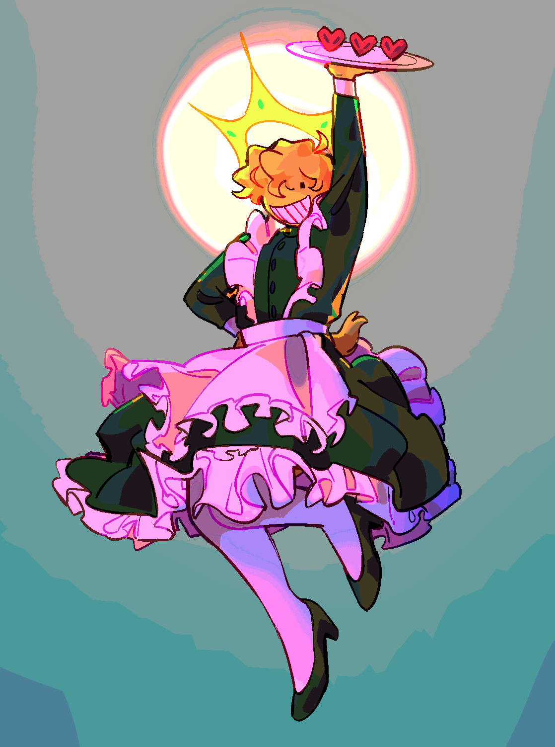 1boy, ahoge, alternate_costume, apron, black_footwear, blonde_hair, colored_skin, crossdressing, dress, grin, halo, heart, highres, holding, holding_tray, lifesteal_smp, looking_down, maid, male_focus, minecraft_youtube, princezam, shoes, smile, spiked_halo, ssseriema, tray, yellow_skin