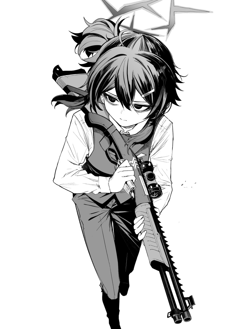 1girl, absurdres, bags_under_eyes, blue_archive, closed_mouth, collared_shirt, greyscale, gun