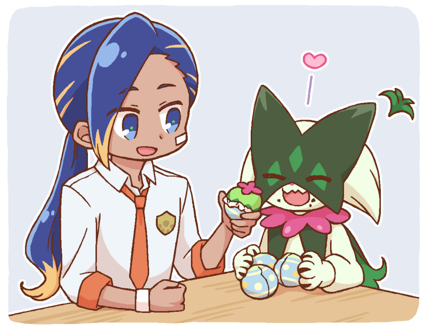 1boy, :d, aliquis_(pokemon), blue_eyes, blue_hair, border, collared_shirt, commentary_request