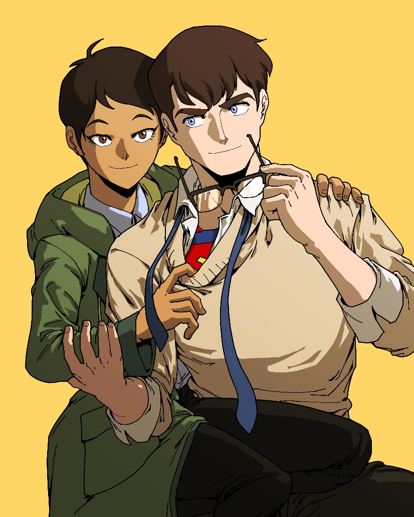 1boy, 1girl, black_pants, blue_necktie, brown_eyes, brown_hair, brown_sweater, clark_kent, coat, dark-skinned_female, dark_skin, dc_comics, green_coat, grey_eyes, lois_lane, long_sleeves, my_adventures_with_superman, necktie, pants, rocklobster52s, short_hair, standing, superman, superman_(series), sweater, undone_necktie, unworn_eyewear, yellow_background