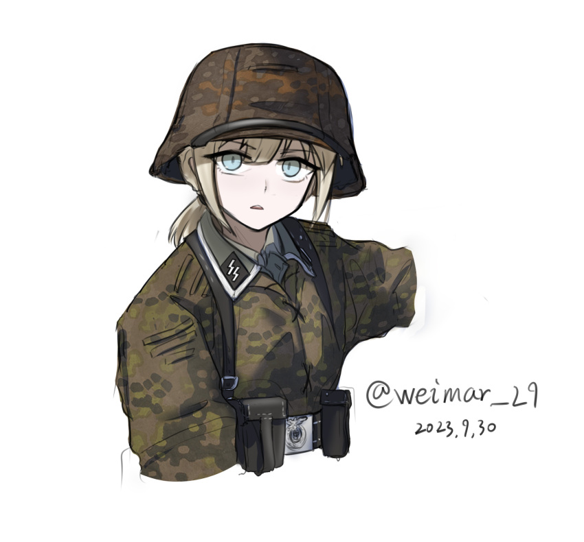 1girl, artist_name, blonde_hair, blue_eyes, camouflage, dated, hat, helmet