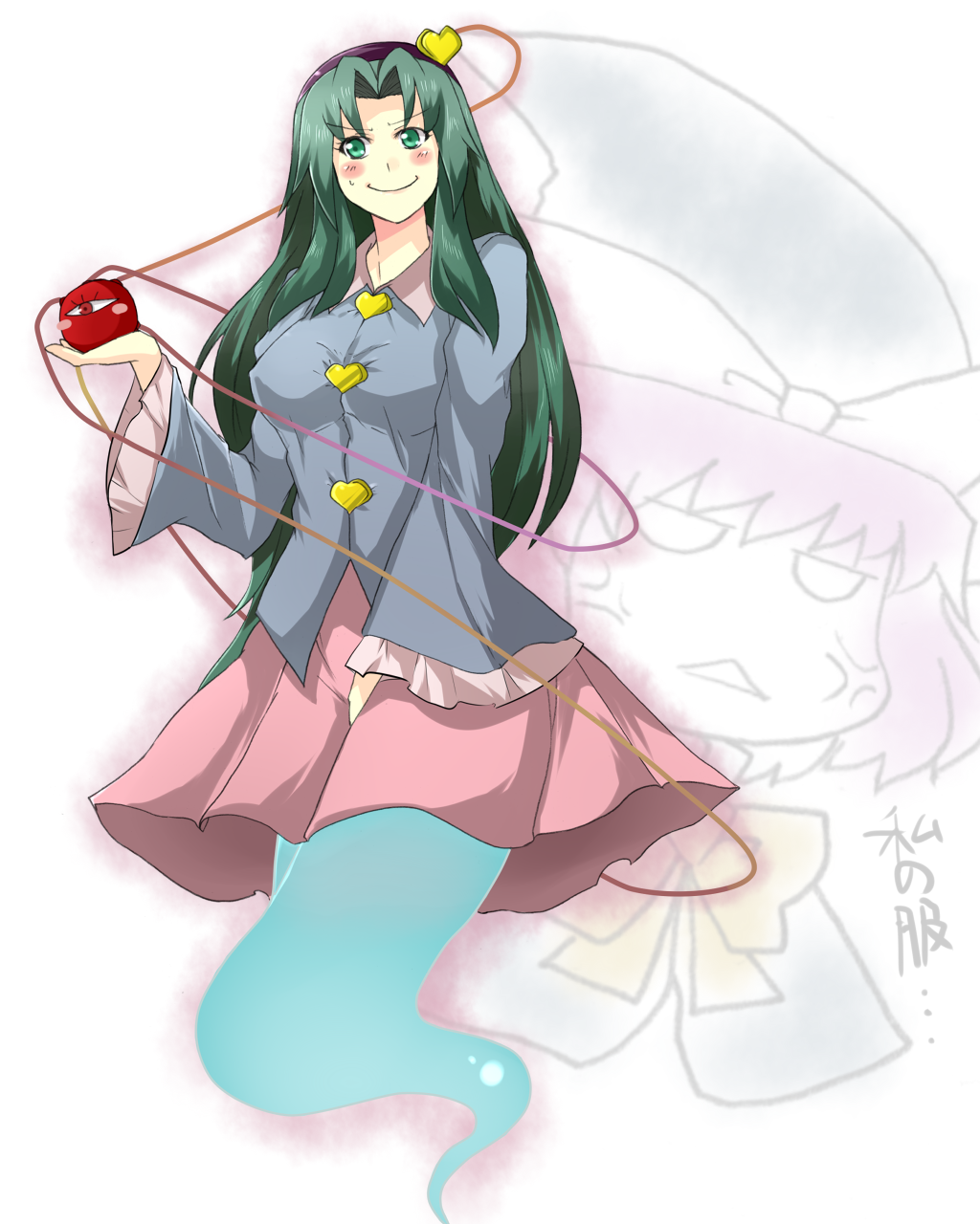 2girls, anger_vein, blush, blush_stickers, cosplay, eyes, ghost_tail, green_eyes, green_hair, hairband, heart, highres, komeiji_satori, komeiji_satori_(cosplay), long_hair, mima, mima_(cosplay), multiple_girls, reon_(saikyou), smile, third_eye, touhou