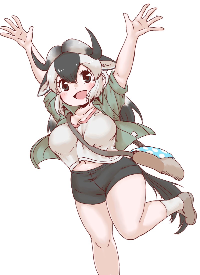 antelope_ears, antelope_horns, arms_up, bag, black_hair, blue_wildebeest_(kemono_friends), blush, brown_eyes, brown_footwear, cosplay, extra_ears, green_jacket, hair_between_eyes, handbag, jacket, kemono_friends, long_hair, maki_(02uh14l1b740ao2), midriff_peek, multicolored_hair, nana_(kemono_friends), nana_(kemono_friends)_(cosplay), navel, open_clothes, open_jacket, open_mouth, shirt, short_sleeves, sidelocks, smile, socks, standing, standing_on_one_leg, two-tone_hair, white_hair, white_shirt, white_socks