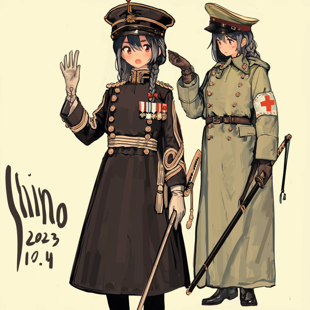 1girl, armband, black_eyes, black_hair, boots, buttons, coat, dated, gloves, hair_between_eyes, hat, holding, imperial_japanese_army, imperial_japanese_navy, long_hair, long_sleeves, looking_at_viewer, military, military_hat, military_uniform, original, peaked_cap, shino_(ling3ch), short_hair, simple_background, standing, sword, two-tone_headwear, uniform, watch, watch, weapon, white_armband, white_gloves