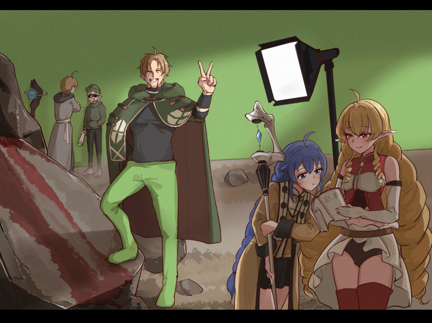 2boys, 3girls, ahoge, arm_up, bare_shoulders, belt, black_skirt, blonde_hair