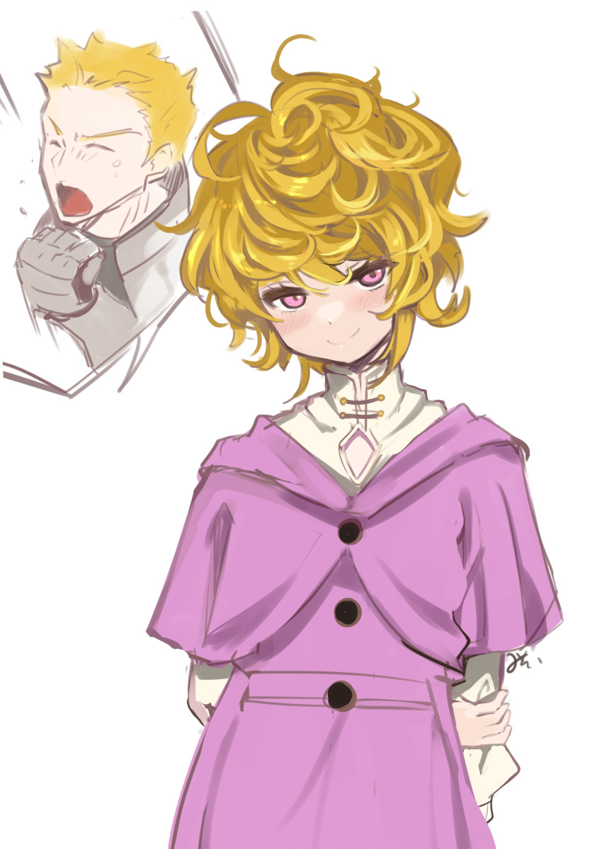 1boy, 1girl, absurdres, arms_behind_back, blonde_hair, blush, clive_(unicorn_overlord), curly_hair