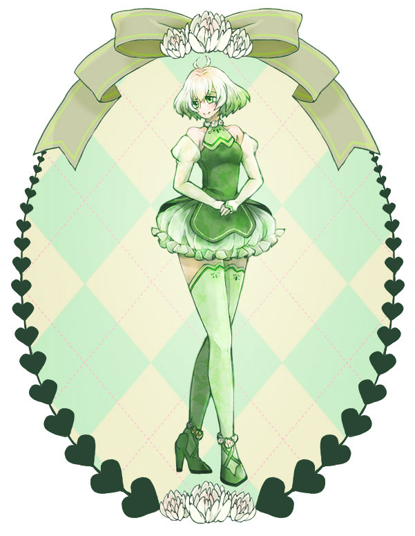 1girl, crossed_legs, fairy, gradient_hair, green_hair, green_theme, mimige, multicolored_hair