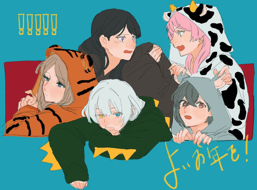 5girls, anger_vein, animal_costume, animal_print, bang_dream!, bang_dream!_it's_mygo!!!!!, black_hair, blue_background, blue_eyes, brown_hair, chihaya_anon, closed_mouth, commentary_request, cow_costume, fang, green_hoodie, grey_hair, heterochromia, hood, hoodie, kaname_raana, looking_at_another, looking_at_viewer, moyo_(moyo_4), multiple_girls, mygo!!!!!_(bang_dream!), nagasaki_soyo, onesie, open_mouth, pajamas, pink_hair, red_background, red_eyes, shiina_taki, short_hair, skin_fang, takamatsu_tomori, tiger_costume, tiger_print, two-tone_background, violet_eyes, white_hair, yellow_eyes