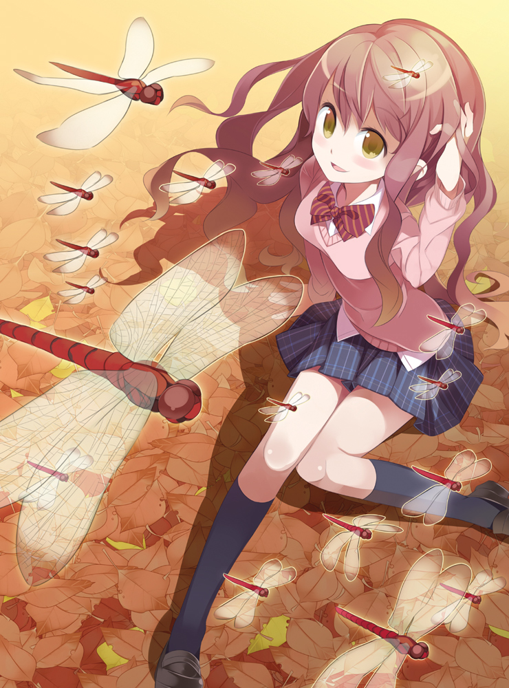 dragonfly, hand_in_hair, haruse_(artist), haruse_hiroki, leaf, long_hair, original, school_uniform