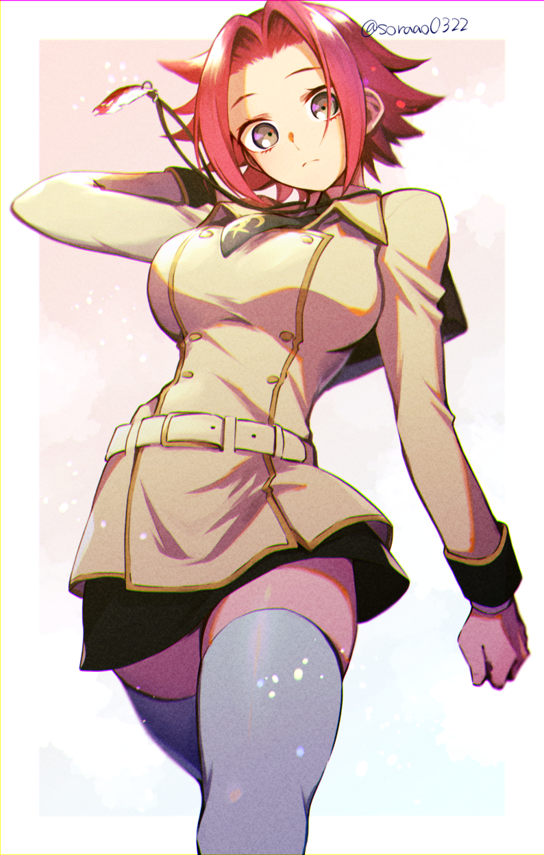 1girl, arm_at_side, black_necktie, black_skirt, border, breasts, closed_mouth, code_geass, commentary_request, eyelashes, feet_out_of_frame, forehead, from_below, frown, grey_eyes, hand_up, highres, jacket, kouzuki_kallen, large_breasts, light_particles, looking_at_viewer, medium_hair, miniskirt, necktie, parted_bangs, pink_background, redhead, school_uniform, simple_background, skirt, solo, soraao0322, spiky_hair, split_mouth, standing, thigh-highs, white_border, white_thighhighs, wide-eyed, yellow_jacket, zettai_ryouiki