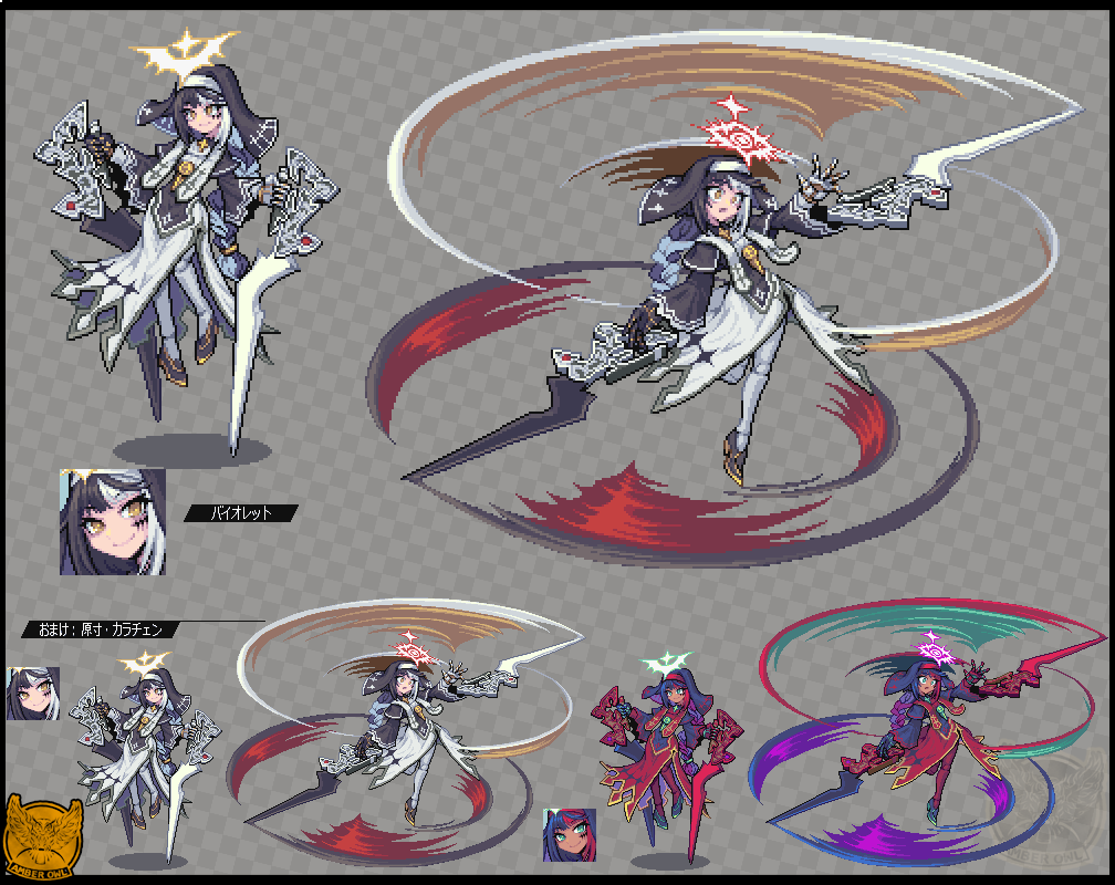 1girl, black_capelet, black_hair, borrowed_character, braid, braided_ponytail, capelet, character_name, coif, commission, doll_joints, dress, facial_mark, full_body, habit, halo, holding, holding_weapon, joints, looking_at_viewer, multicolored_hair, multiple_views, nun, original, pixel_art, rm_(amber_owl), skeb_commission, stole, two-tone_hair, veil, violet_(ac8231), weapon, white_hair, yellow_eyes