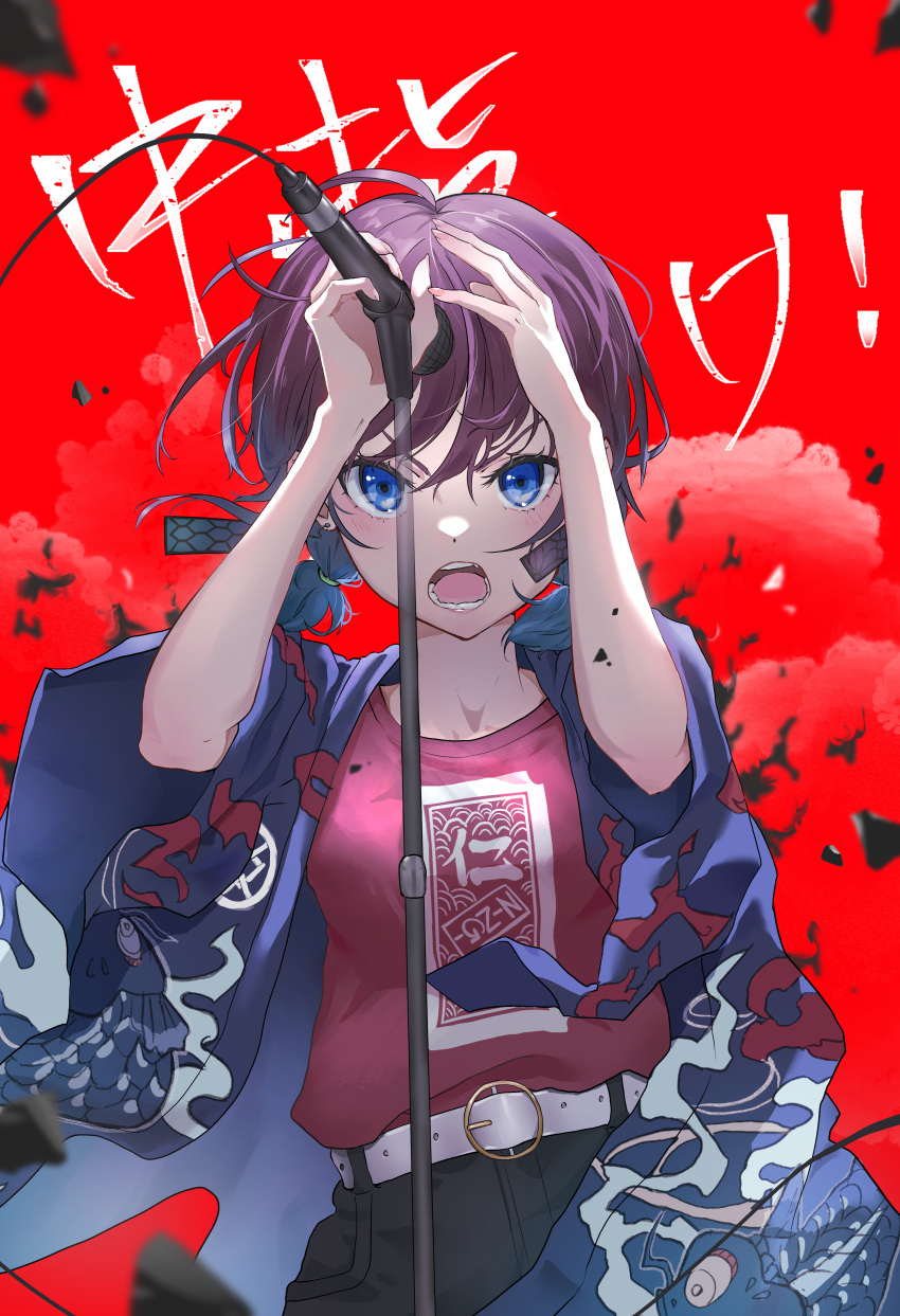 1girl, absurdres, belt, belt_buckle, black_shorts, blue_eyes, blue_hair, blush