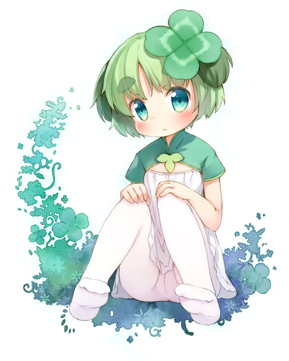 child, clover, feet, four-leaf_clover, green_eyes, green_hair, hair_ornament, kinoko-san