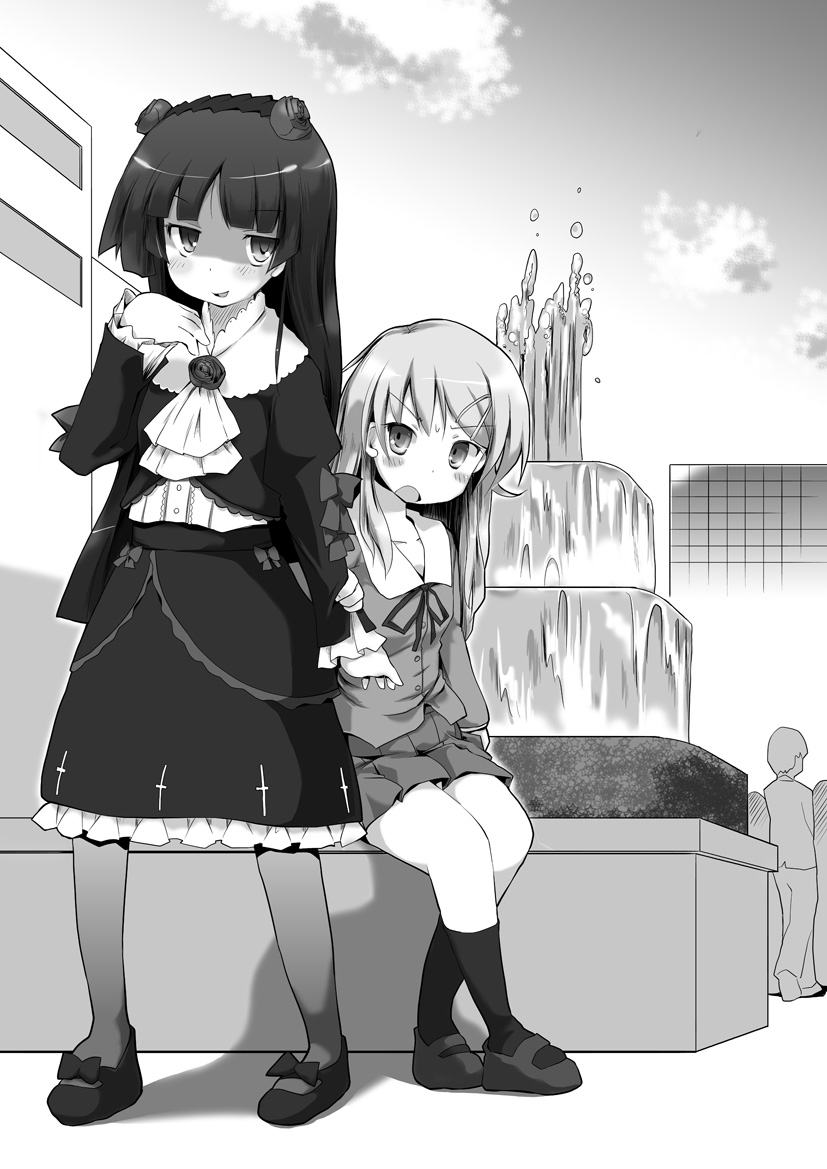fountain, gokou_ruri, gothic_lolita, hime_cut, kousaka_kirino, lolita_fashion, monochrome, multiple_girls