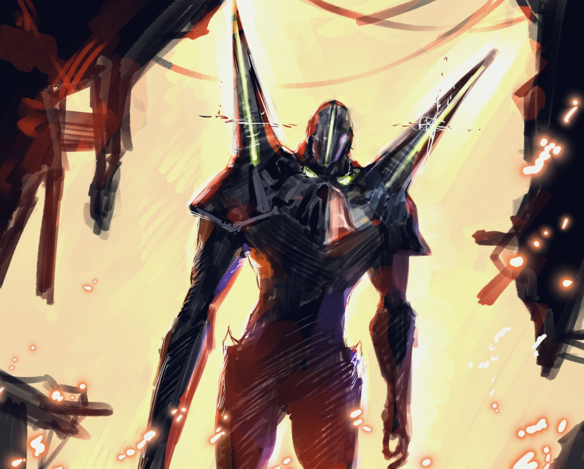 1boy, ambiguous_gender, armor, commentary, english_commentary, full_armor, glowing, green_visor