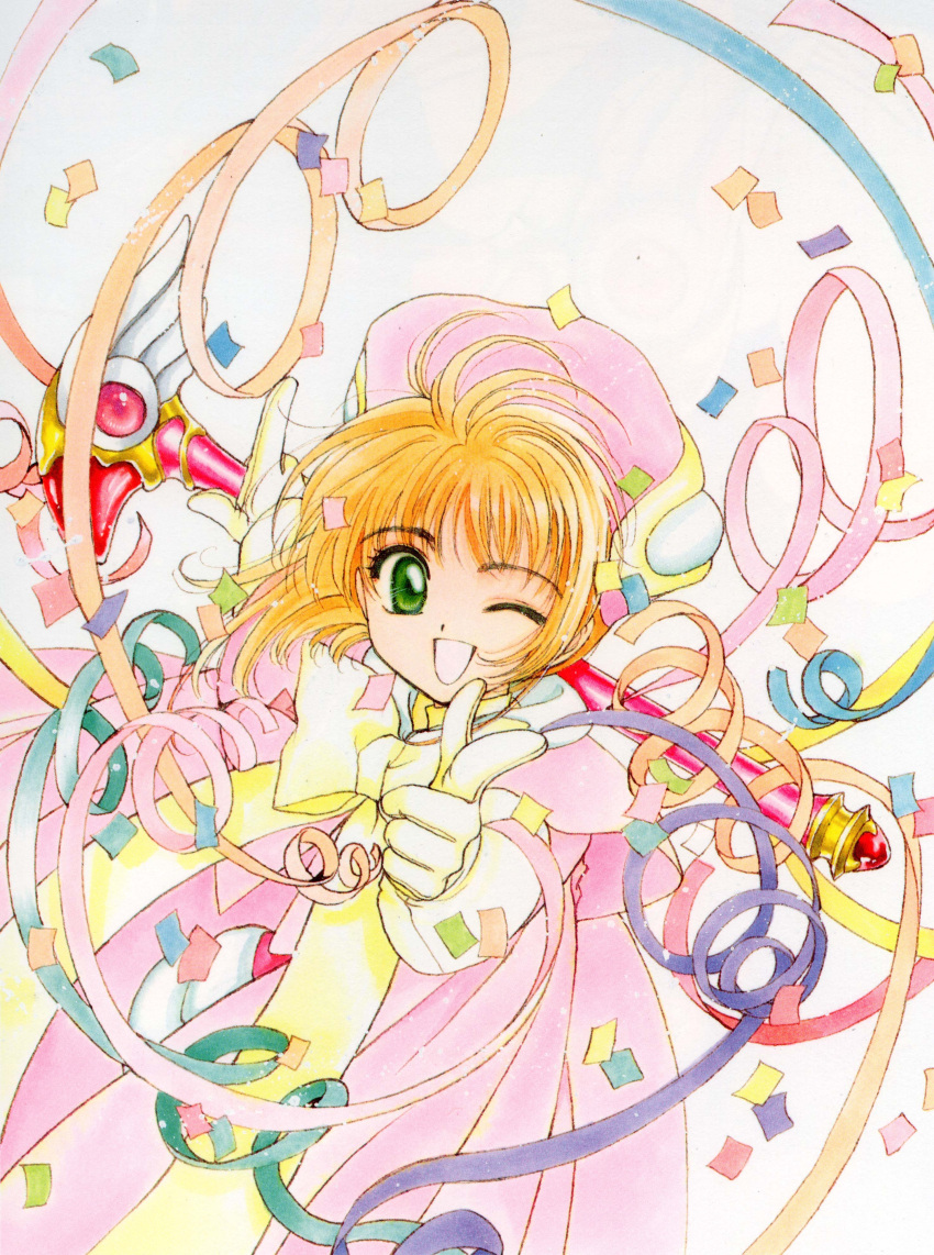 1990s_(style), 1girl, ;d, absurdres, antenna_hair, bow, cape, capelet, cardcaptor_sakura, clamp_(circle), colorful, confetti, cowboy_shot, dot_nose, fuuin_no_tsue, gloves, green_eyes, hat, highres, holding, holding_wand, kinomoto_sakura, kinomoto_sakura_(final_judgment_costume), looking_at_viewer, official_art, one_eye_closed, open_mouth, orange_hair, pink_cape, pink_capelet, pink_hat, pointing, pointing_at_viewer, retro_artstyle, scan, short_hair, simple_background, smile, solo, streamers, wand, white_background, white_gloves, yellow_bow