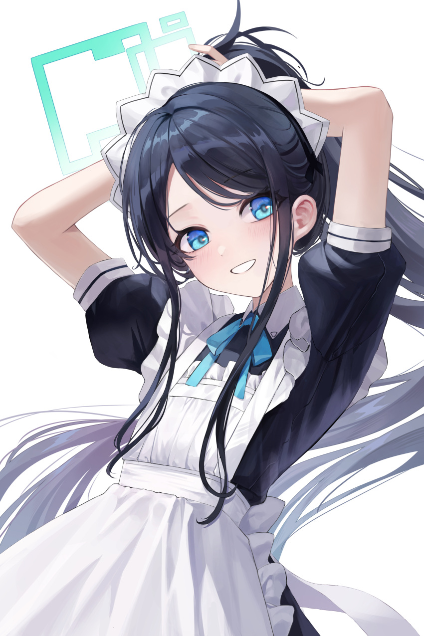 1girl, absurdly_long_hair, absurdres, apron, aris_(blue_archive), aris_(maid)_(blue_archive), black_dress, black_hair