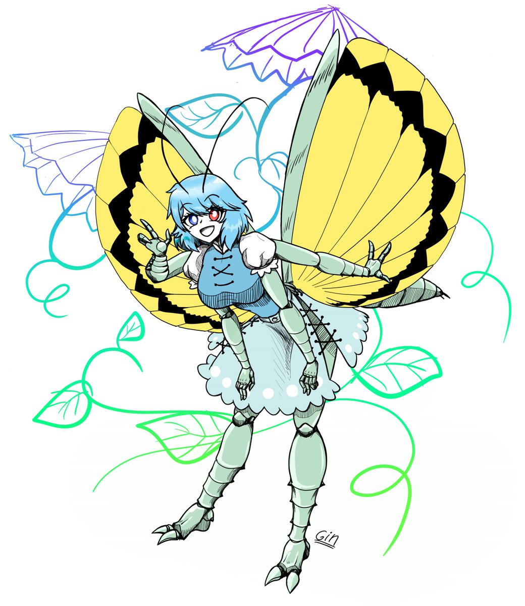 1girl, :d, antennae, arthropod_girl, blue_eyes, blue_hair, blue_skirt, breasts