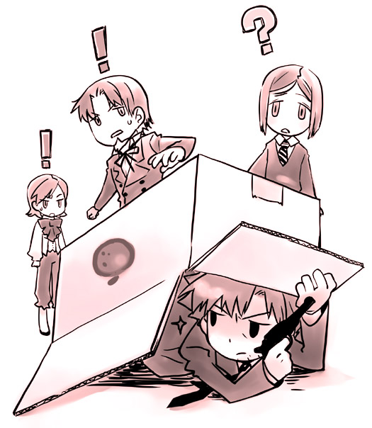 ?, box, emiya_kiritsugu, fate/zero, fate_(series), fate_zero, glint, gun, medori, metal_gear, parody, sola-nui_nuada-re_sophia-ri, sola-ui_nuada-re_sophia-ri, toosaka_tokiomi, waver_velvet, weapon