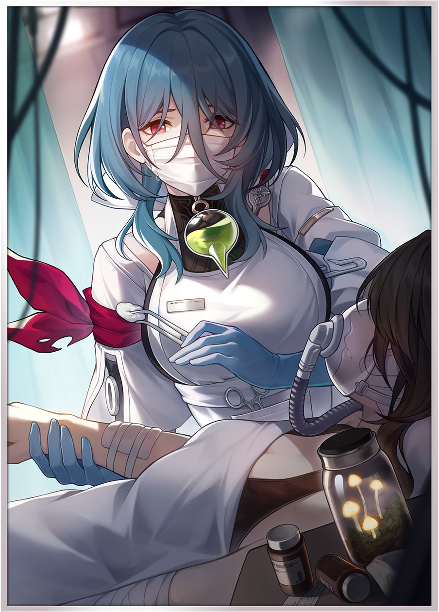 2girls, aqua_hair, bandaged_arm, bandages, black_hair, blue_gloves, breasts, game_cg, gloves, hair_between_eyes, highres, holding_another's_arm, holding_tweezers, honkai:_star_rail, honkai_(series), large_breasts, long_hair_between_eyes, lying, mask, mouth_mask, multiple_girls, natasha_(honkai:_star_rail), non-web_source, official_art, on_back, oxygen_mask, pill_bottle, red_eyes, scissors, surgical_mask