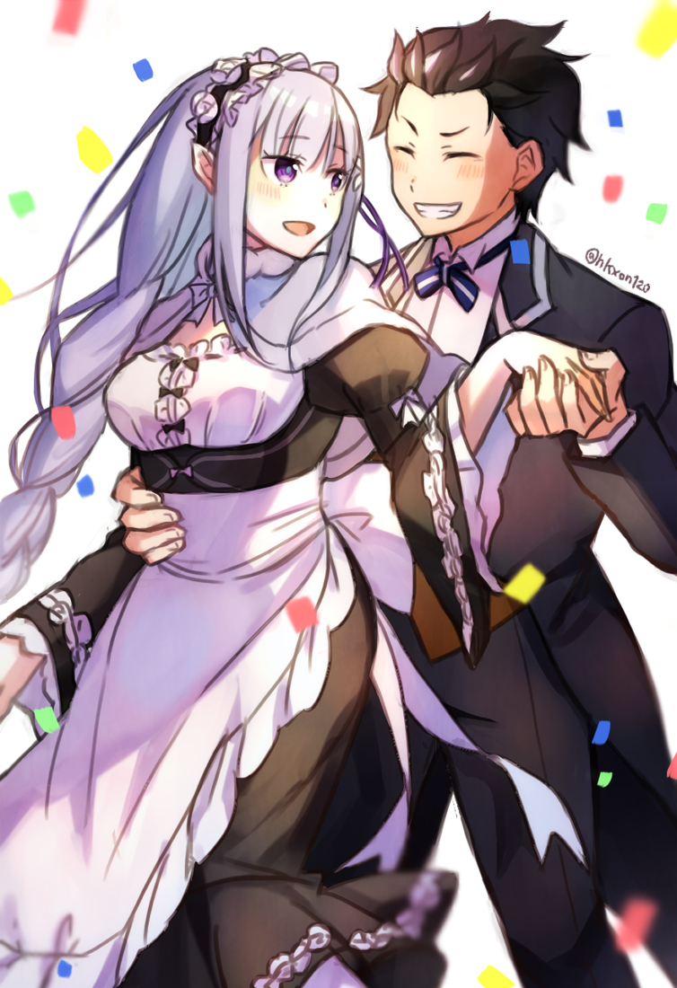 1boy, 1girl, bad_id, bad_pixiv_id, emilia_(re:zero), natsuki_subaru, re:zero_kara_hajimeru_isekai_seikatsu, twitter_username