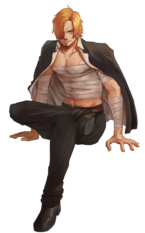 1boy, bandaged_arm, bandaged_chest, bandages, belt, black_jacket, black_pants, blonde_hair