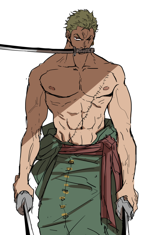 1boy, abs, commentary, green_hair, green_kimono, holding, holding_sword, holding_weapon