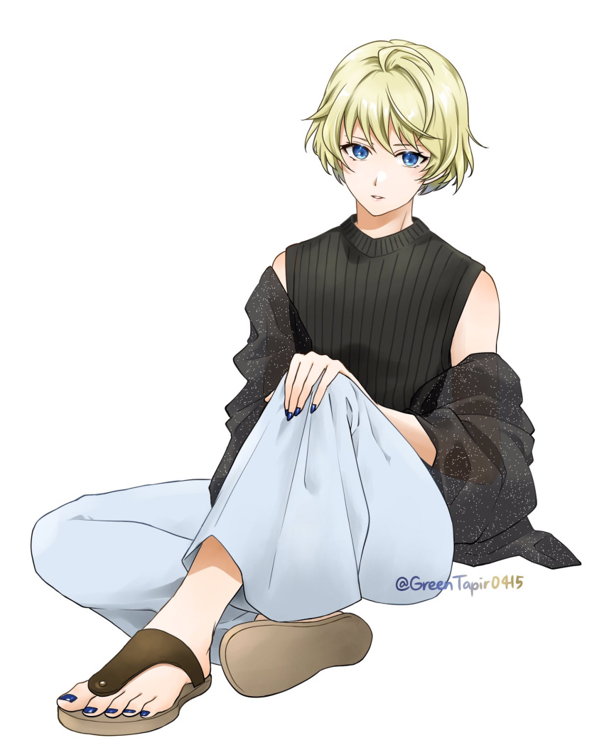 1girl, ahoge, alternate_costume, blonde_hair, blue_eyes, blue_nails, fire_emblem, fire_emblem_engage, highres, looking_at_viewer, merrin_(fire_emblem), midori_no_baku, nail_polish, sandals, short_hair, sitting, solo, toeless_footwear, toenail_polish, toenails