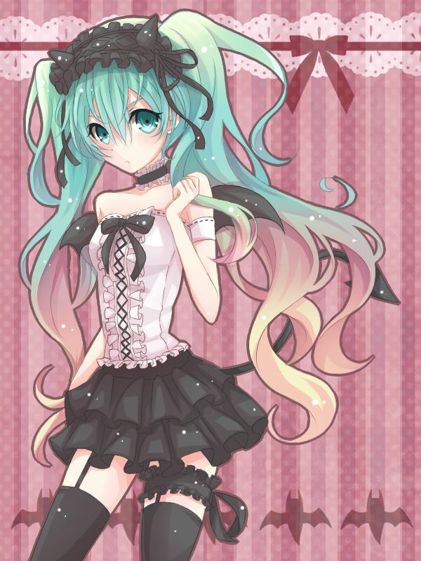 aqua_eyes, aqua_hair, bat_wings, bow, demon_tail, frills, garter_strap, garter_straps, garters, gradient_hair, hatsune_miku, headdress, long_hair, multicolored_hair, reshika, skirt, solo, tail, thigh-highs, thighhighs, twintails, two-tone_hair, very_long_hair, vocaloid, wings