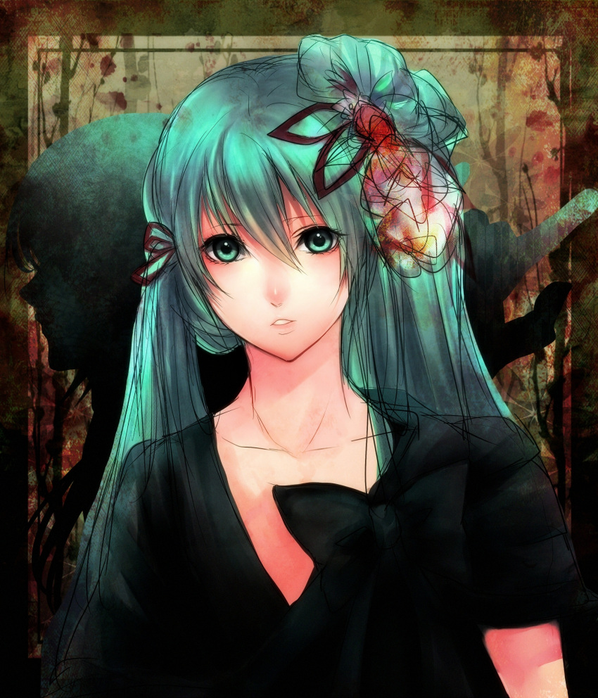 aqua_hair, bow, dress, flower, hair_flower, hair_ornament, hair_ribbon, hatsune_miku