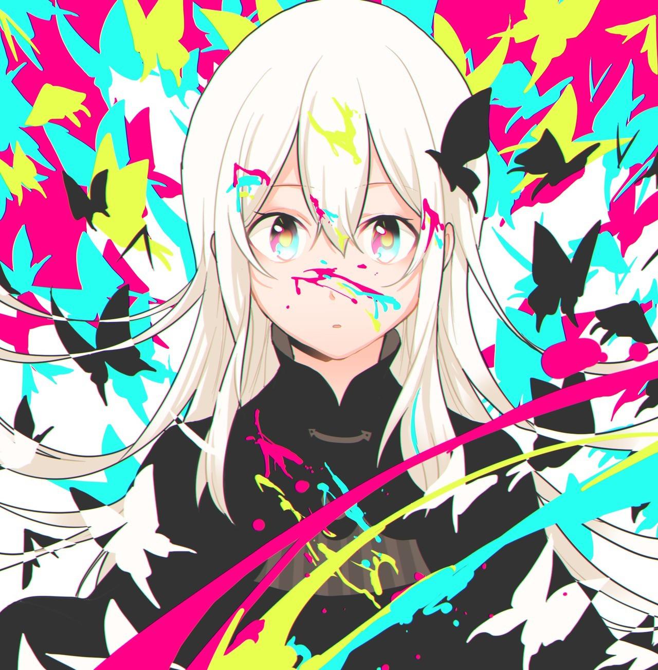1girl, animal_print, bad_id, bad_pixiv_id, black_dress, breasts, bug, butterfly
