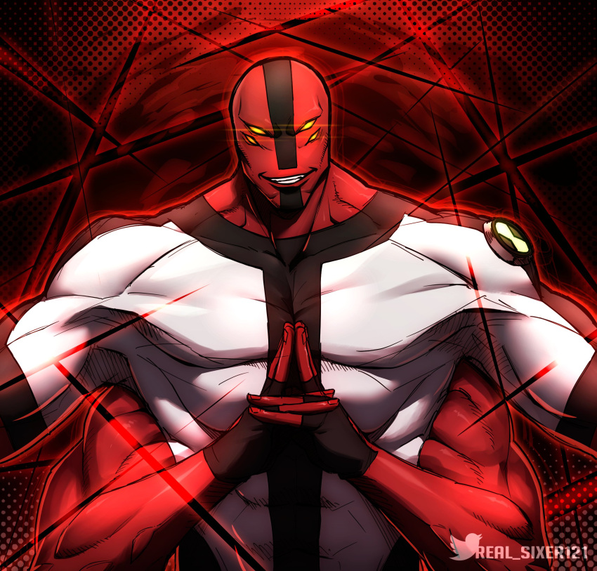 1boy, absurdres, alien, ben_10, cowboy_shot, extra_arms, four_arms_(ben_10), grin