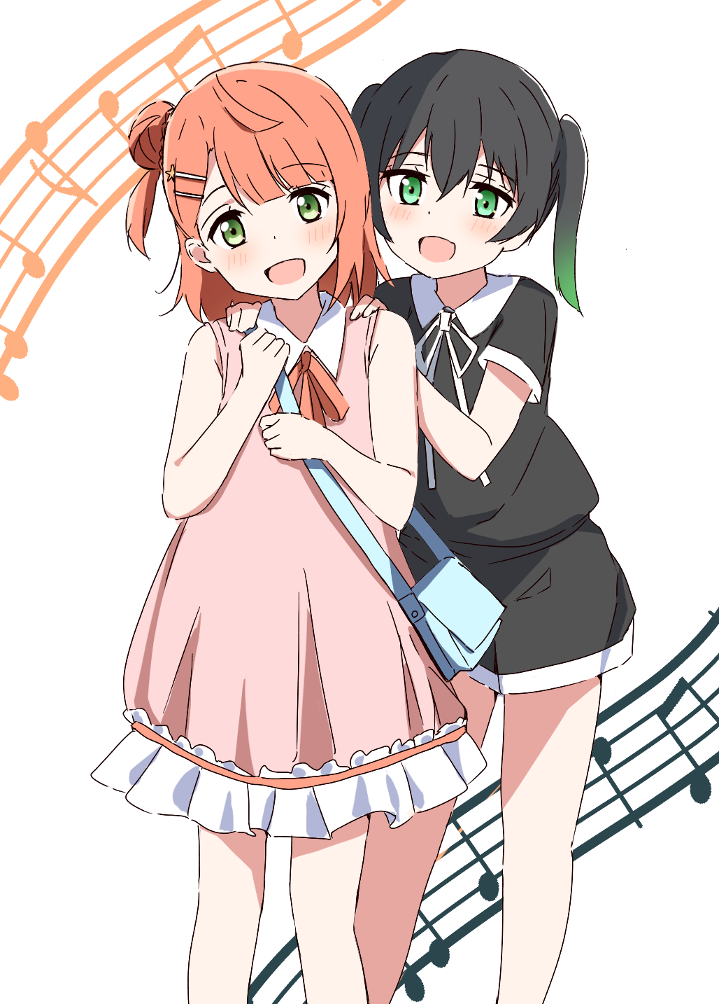 2girls, aged_down, bag, black_hair, black_shirt, black_shorts, blue_bag, blush, commentary_request, dress, frilled_dress, frills, gradient_hair, green_eyes, green_hair, hair_between_eyes, hair_bun, hair_ornament, hairclip, hands_on_another's_shoulders, haruno_riku, head_tilt, highres, looking_at_viewer, love_live!, love_live!_nijigasaki_high_school_idol_club, multicolored_hair, multiple_girls, neck_ribbon, open_mouth, pink_dress, red_ribbon, redhead, ribbon, shirt, short_hair, short_sleeves, shorts, shoulder_bag, sidelocks, single_side_bun, sleeveless, sleeveless_dress, staff_(music), standing, swept_bangs, takasaki_yu, twintails, uehara_ayumu, upper_body, white_background, white_ribbon, yellow_eyes