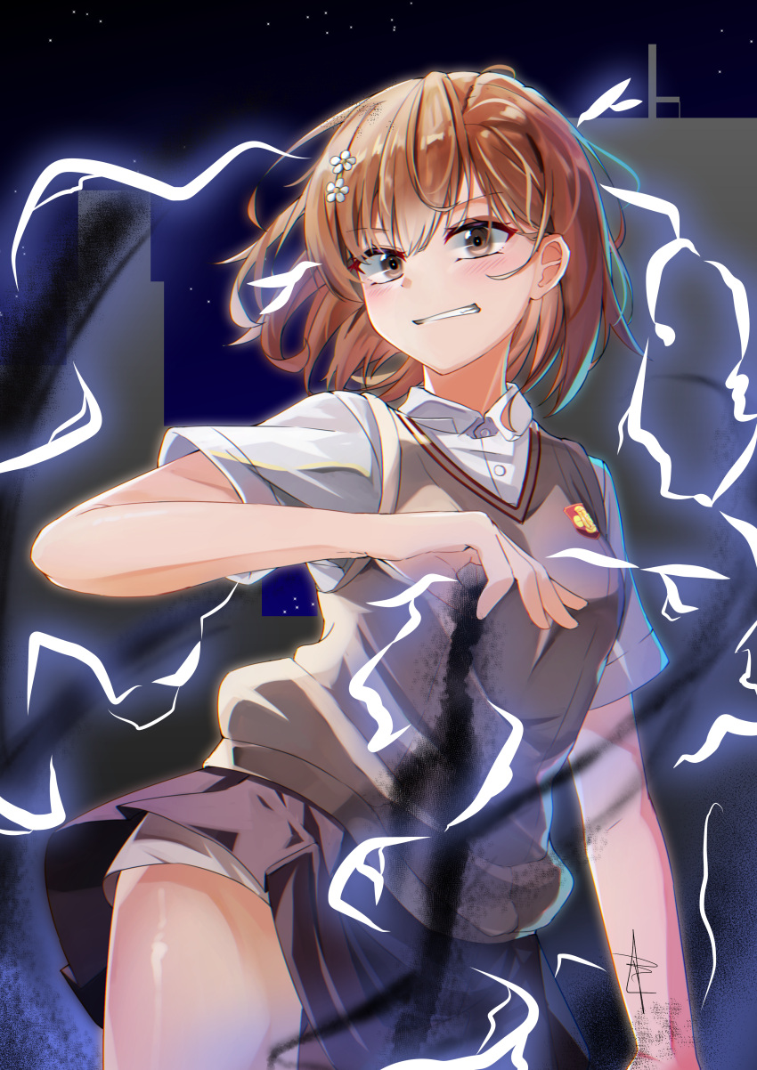 1girl, absurdres, brown_eyes, brown_hair, brown_sweater_vest, collared_shirt, dark_background, electricity