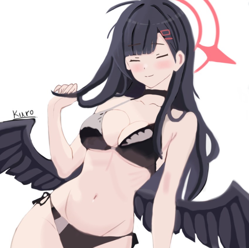 1girl, artist_name, bikini, black_bikini, blue_archive, breasts, closed_eyes, closed_mouth