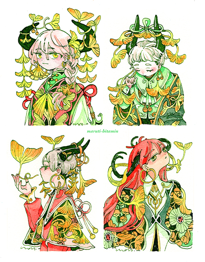 2boys, 2girls, androgynous, autumn_leaves, blonde_hair, braid, capelet, closed_eyes, collage, collared_shirt, demon_boy, demon_girl, demon_horns, earrings, ginkgo_hair_ornament, ginkgo_leaf, ginkgo_leaf_print, gold_earrings, green_eyes, green_horns, green_ribbon, green_robe, green_shirt, green_theme, green_vest, half-closed_eyes, high_collar, holding, holding_leaf, hoop_earrings, horns, ink_(medium), jewelry, leaf, long_hair, long_sleeves, looking_at_viewer, maruti_bitamin, multiple_boys, multiple_girls, orange_ribbon, original, painting_(medium), pink_hair, print_cape, print_robe, print_vest, profile, red_capelet, red_ribbon, red_shirt, red_trim, redhead, ribbon, robe, shirt, short_hair, single_braid, traditional_media, undercut, very_short_hair, vest, watercolor_(medium), white_background, yellow_eyes, yellow_trim