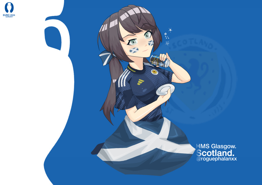 1girl, absurdres, adidas, artist_name, azur_lane, beer_can, black_hair, blue_bow, blue_skirt, bow, can, coaster, drink_can, drunk, emblem, euro_2024, flag_print, glasgow_(azur_lane), green_eyes, hair_bow, highres, holding, holding_can, jersey, looking_at_viewer, medium_hair, roguephalanxx, scottish_flag, scottish_flag_print, skirt, soccer_uniform, solo, sportswear, swept_bangs, two-tone_bow, two-tone_skirt, white_bow, white_skirt