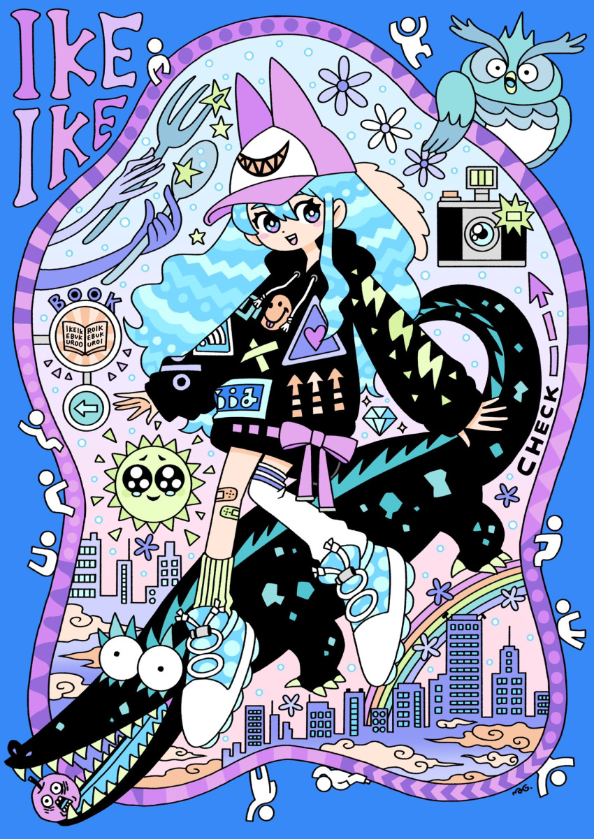 1girl, alligator, animal, apple, arrow_print, bandaid, bandaid_on_leg, baseball_cap, bird, black_hoodie, black_jacket, black_scales, blue_background, blue_bird, blue_eyes, blue_flower, blue_footwear, blue_hair, blue_sky, book, border, camera, camera_flash, cityscape, copyright_request, crocodilian, floating, flower, food, food_with_face, fruit, garouma, googly_eyes, gradient_sky, green_socks, green_sun, hat, hat_with_ears, highres, hood, hood_down, hoodie, jacket, lightning_bolt_print, lightning_bolt_symbol, long_hair, looking_at_viewer, mismatched_socks, open_book, owl, pink_sky, polka_dot_footwear, print_hair, print_jacket, purple_border, purple_hat, rainbow, ribbed_socks, shoes, sign, sky, skyline, smile, sneakers, socks, solo, sun, thigh-highs, two-tone_eyes, violet_eyes, white_socks, whorled_clouds