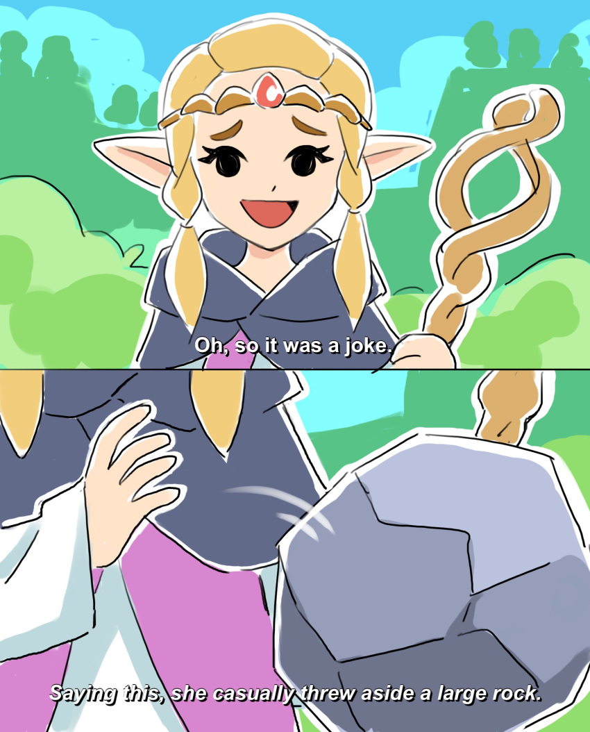 1girl, blonde_hair, danshi_koukousei_no_nichijou, dress, ginkoseed, highres, long_hair, looking_at_viewer, parody, pointy_ears, princess_zelda, rock, smile, staff, the_legend_of_zelda, the_legend_of_zelda:_echoes_of_wisdom, tri_rod, tunic