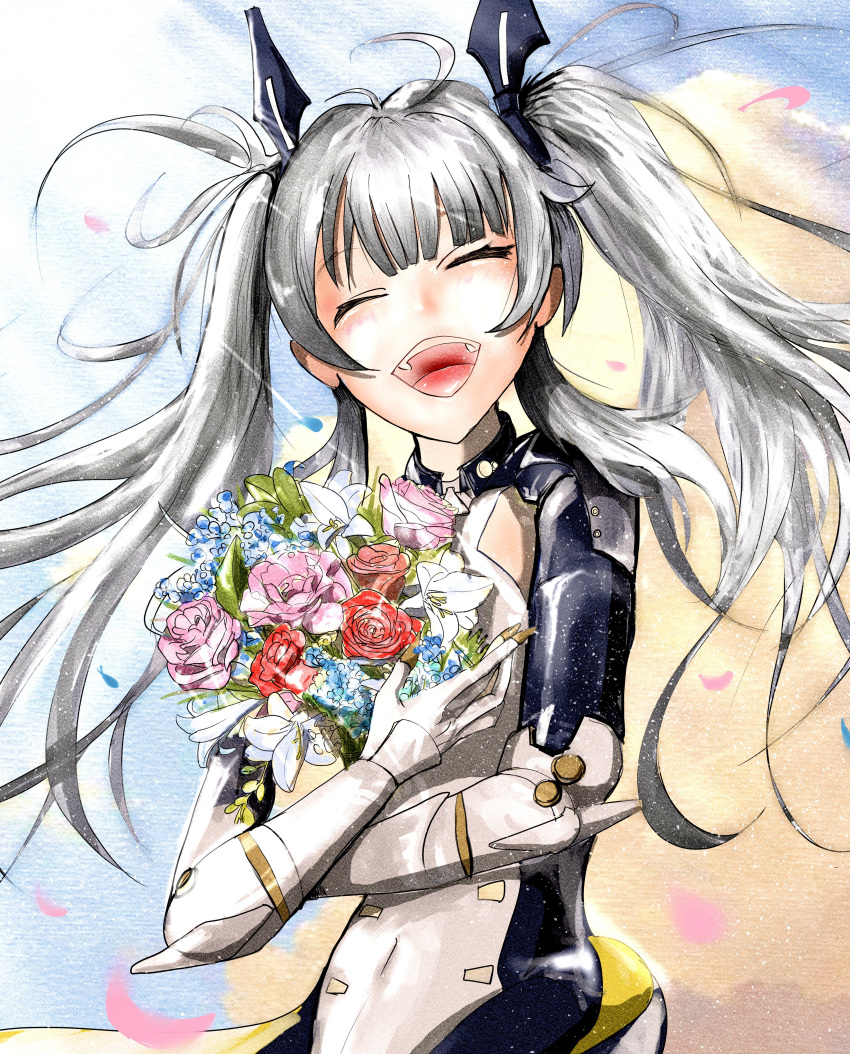 1girl, absurdres, animal_ears, black_bodysuit, bodysuit, bouquet, closed_eyes, covered_navel