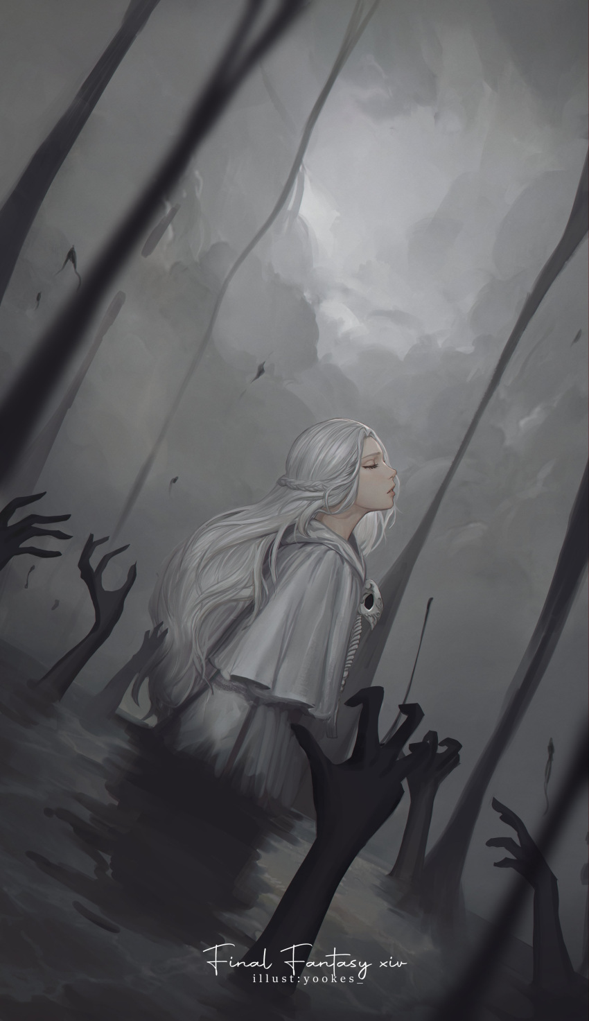 1girl, absurdres, artist_name, braid, capelet, closed_eyes, clouds, commentary