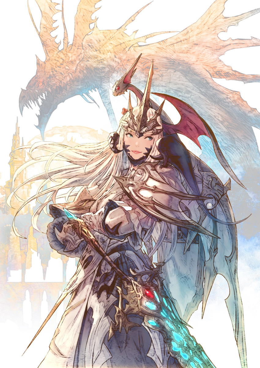 1girl, armor, armored_dress, au_ra, blue_eyes, crossed_arms, dragon, dragon_girl