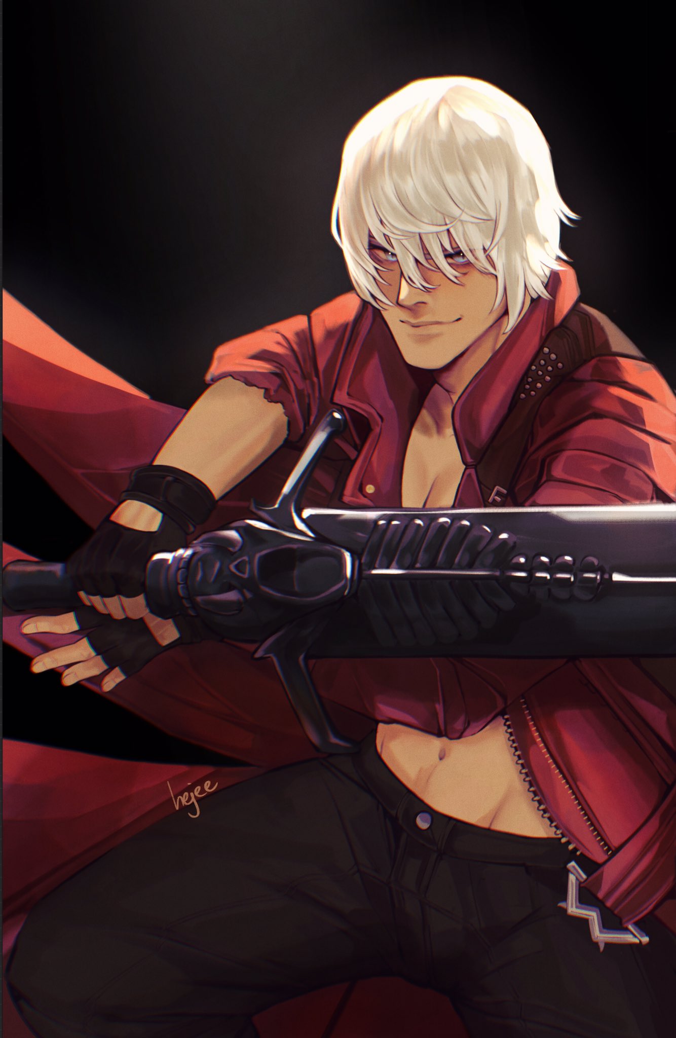 1boy, belt_bra, blue_eyes, coat, dante_(devil_may_cry), devil_may_cry_(series), devil_may_cry_3, fingerless_gloves