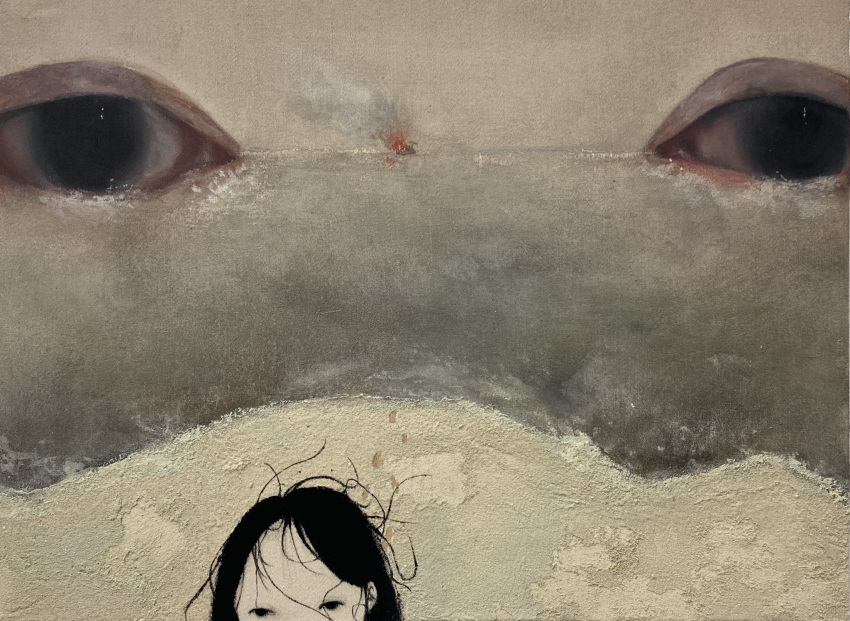 1girl, beach, black_eyes, black_hair, burning_ship, commentary, english_commentary, eye_focus