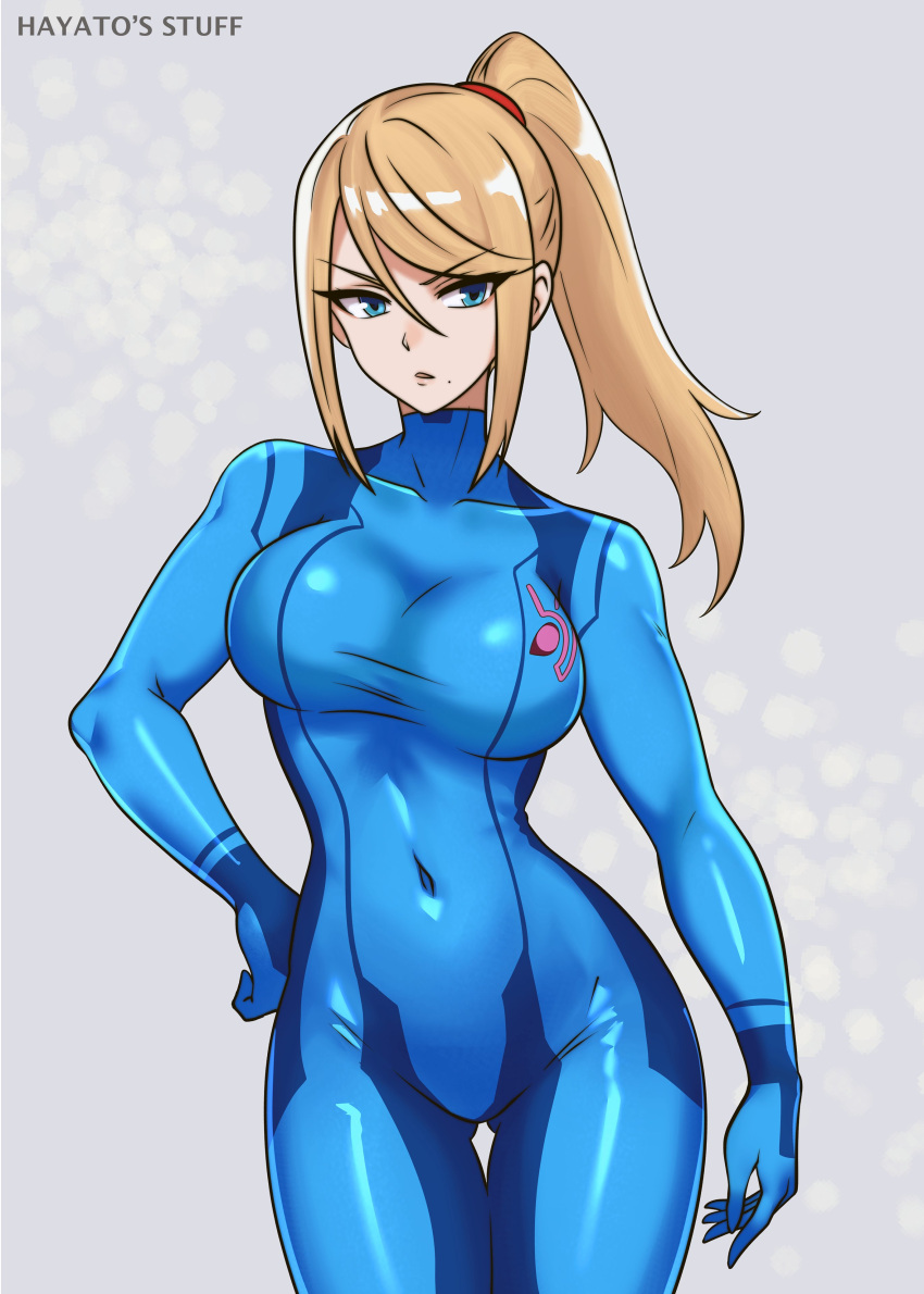 1girl, absurdres, blonde_hair, blue_bodysuit, bodysuit, breasts, hayato_stuff, highres, impossible_bodysuit, impossible_clothes, long_hair, metroid, metroid_prime_4:_beyond, mole, mole_under_mouth, navel, ponytail, samus_aran, skin_tight, solo, zero_suit